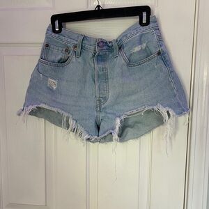 Levi’s 501 Distressed Light Blue Denim Shorts